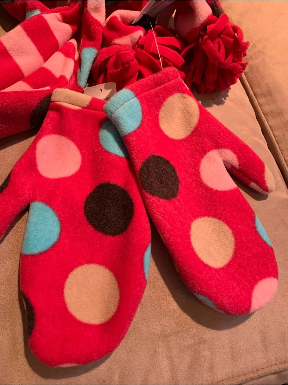 GAP Girls Pink & Hot Pink Striped Fleece Scarf with Mittens and Blue Dot Accents
